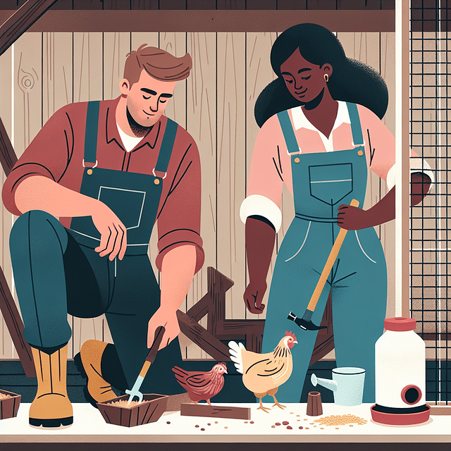 person inspecting and maintaining a chicken coop