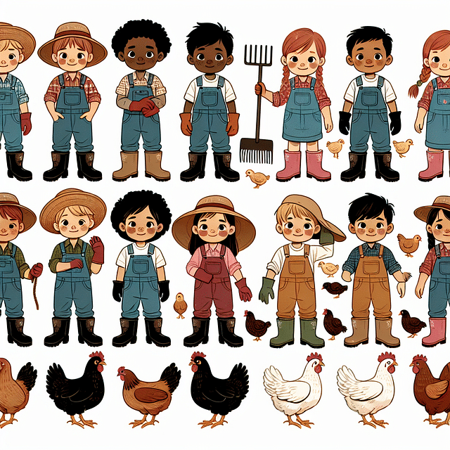 children dressed for farm work with chickens
