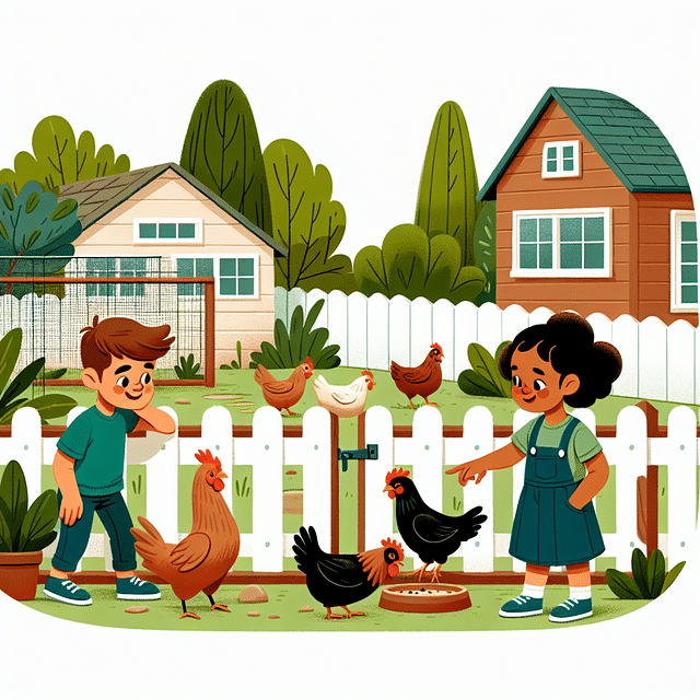 children visiting chickens in a backyard