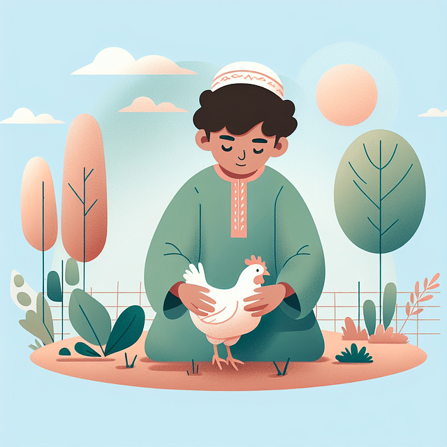 child gently holding a chicken with care