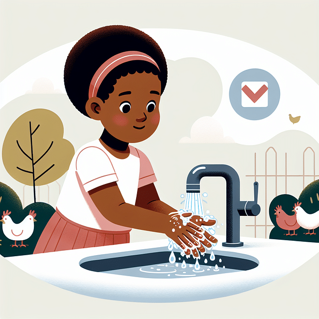 child washing hands after playing with chickens