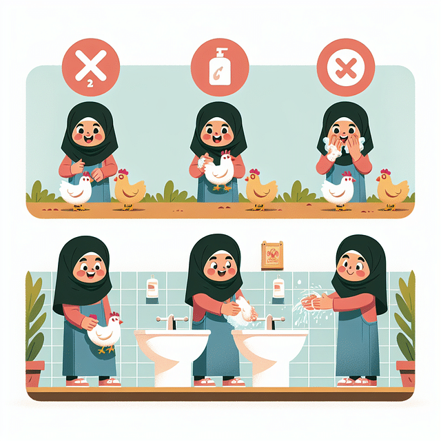 child washing hands after playing with chickens