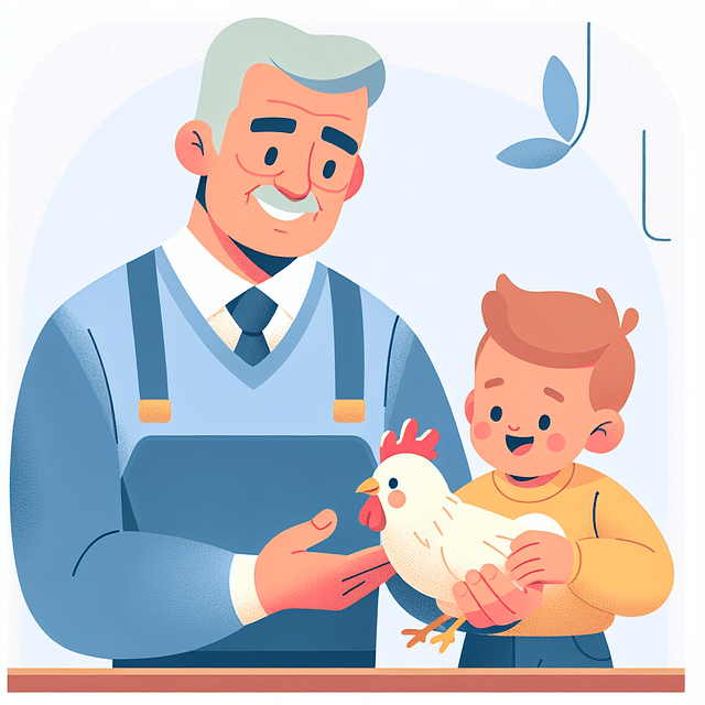 parent supervising a child holding a chicken