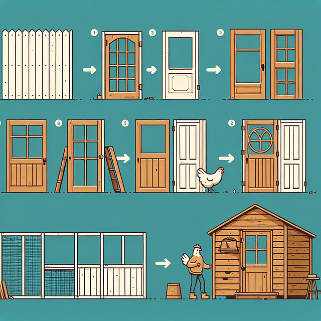 repurposed doors and windows installed on a chicken coop