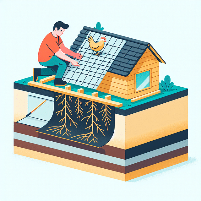 root barrier layer on top of a chicken coop roof liner