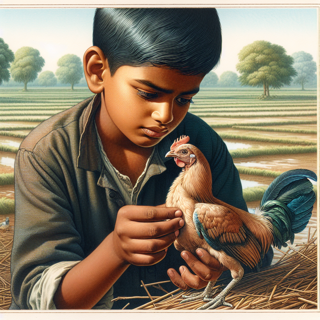 child checking chicken health