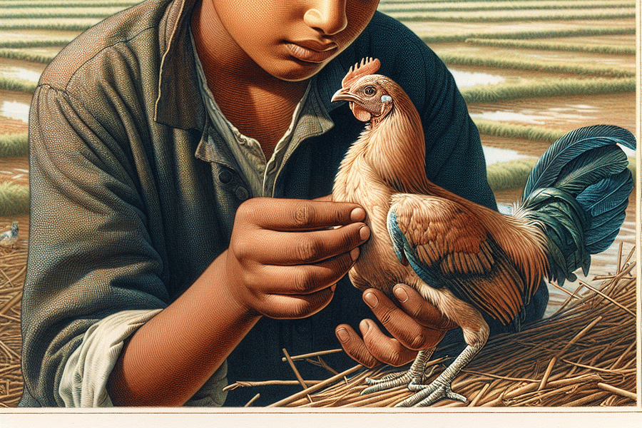 child checking chicken health