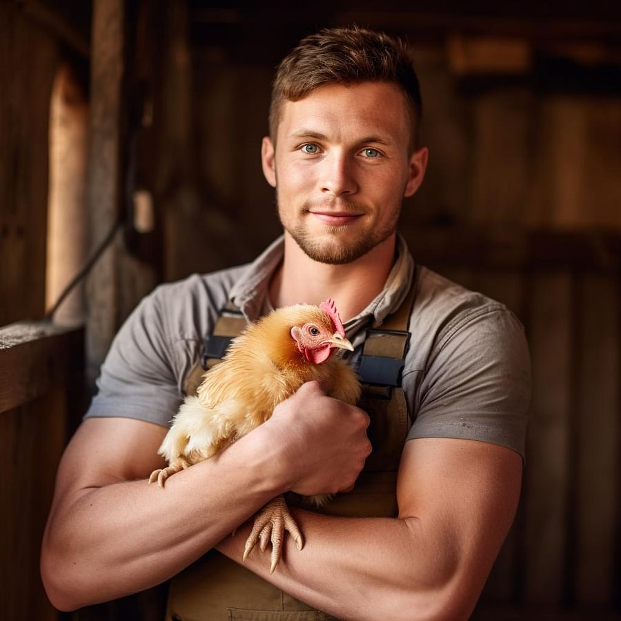 A responsible chicken keeper holding a healthy chicken
