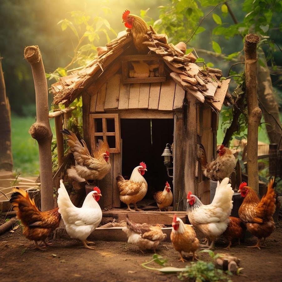 A sturdy chicken coop with a happy flock of chickens.