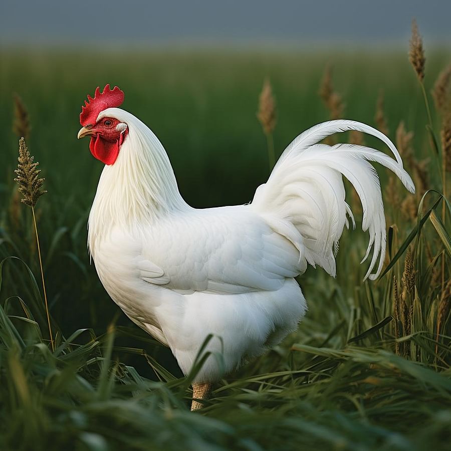 A white Leghorn chicken exploring a green field