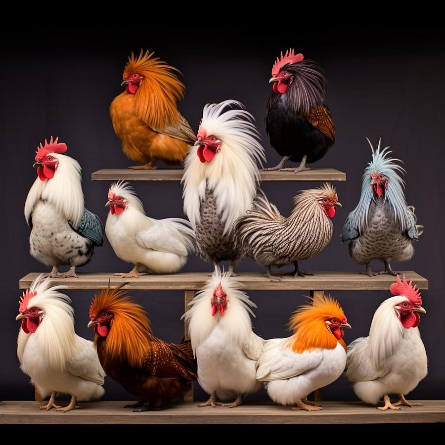 A variety of chicken breeds showcasing their unique features