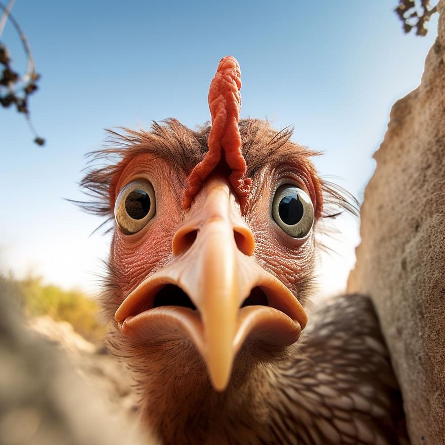 A curious chicken peering into the camera, symbolizing the mystery of whether chickens are dinosaurs.