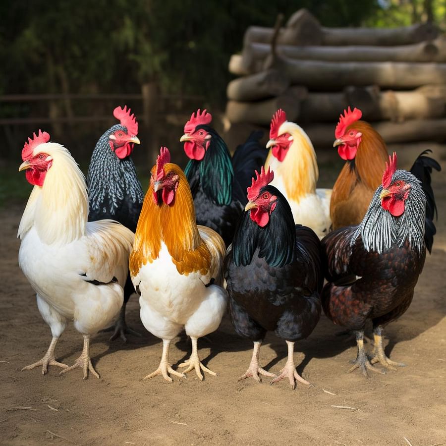 A variety of fancy chickens pecking at feed, their vibrant plumage a testament to the diversity of unique chicken breeds available online