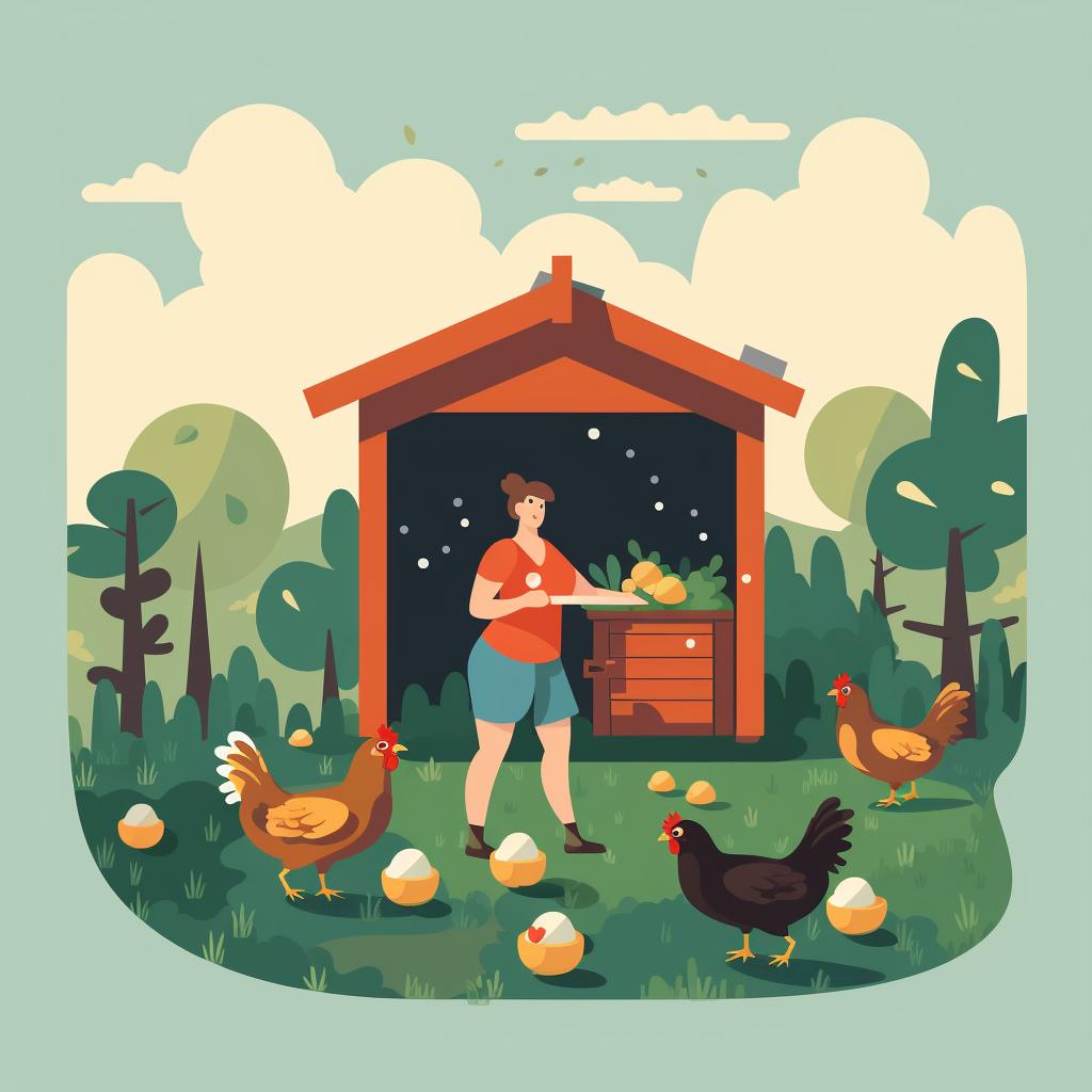A person collecting eggs from a chicken coop.