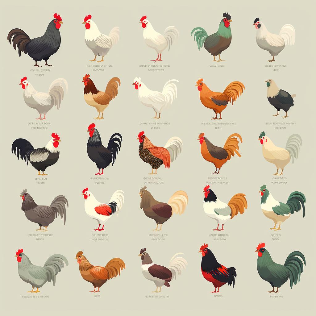 A variety of chicken breeds displayed side by side