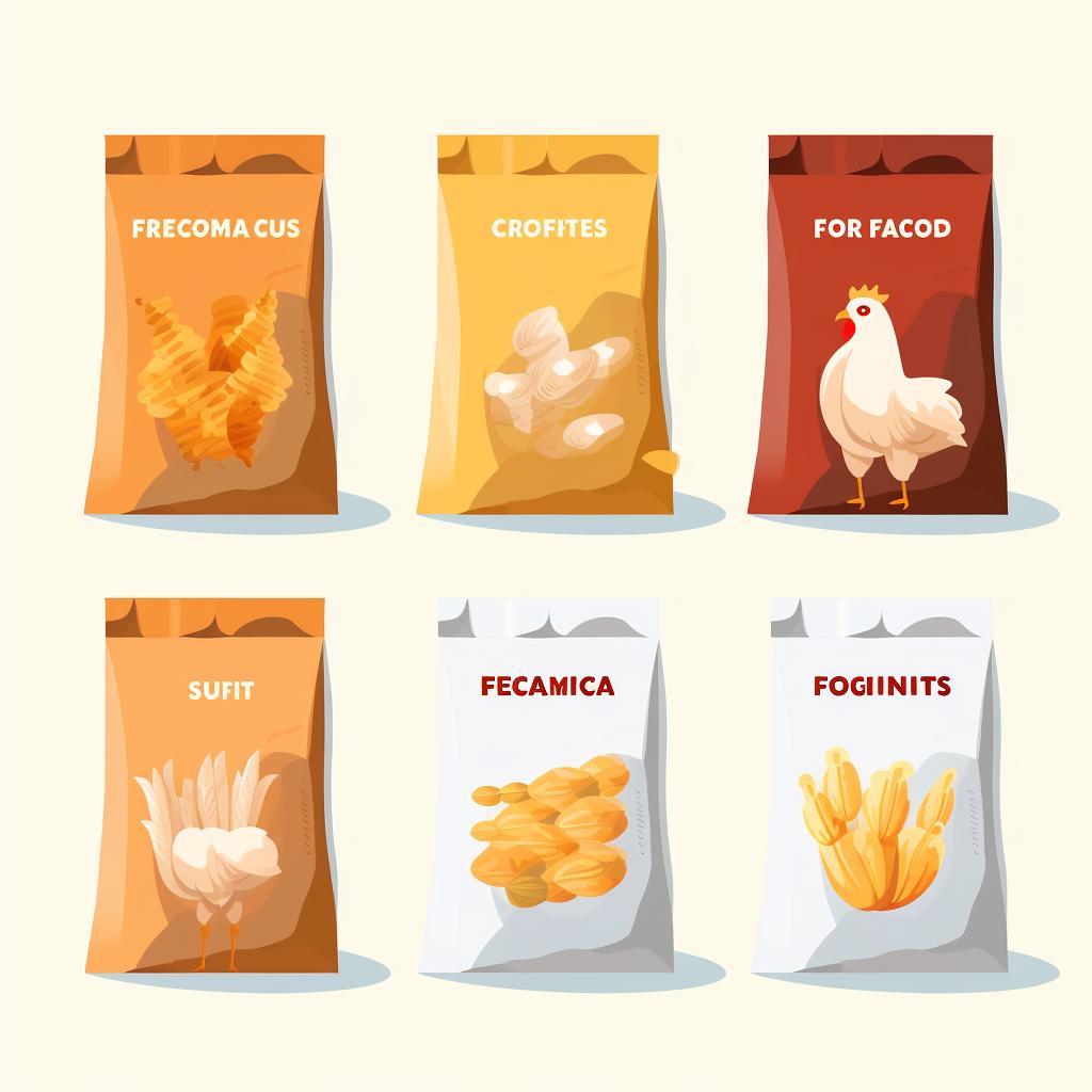 Different types of chicken feed in separate bags