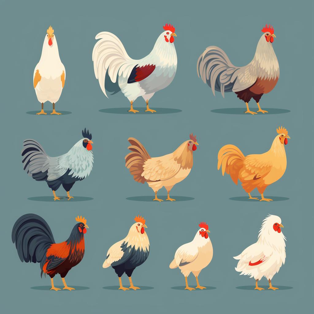 A variety of different chicken breeds standing side by side for comparison.