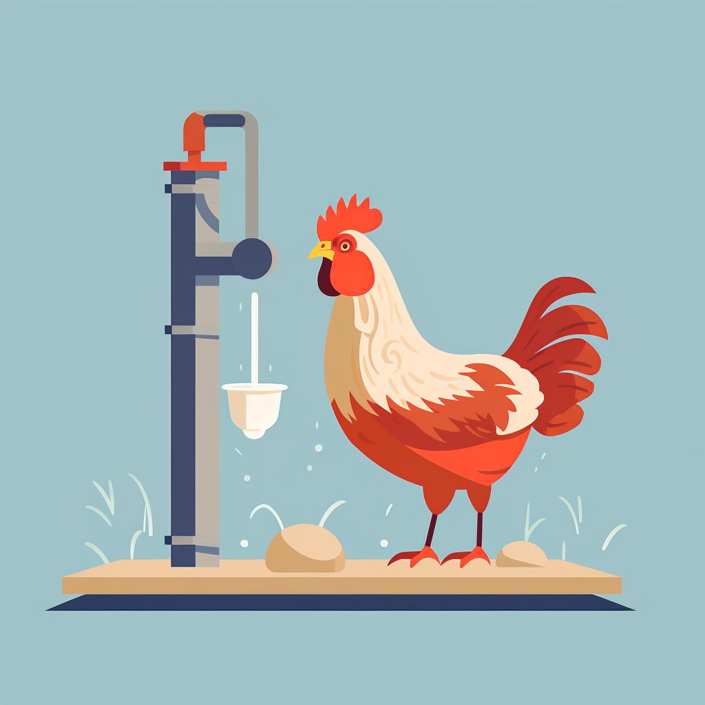 A chicken drinking water from a poultry waterer