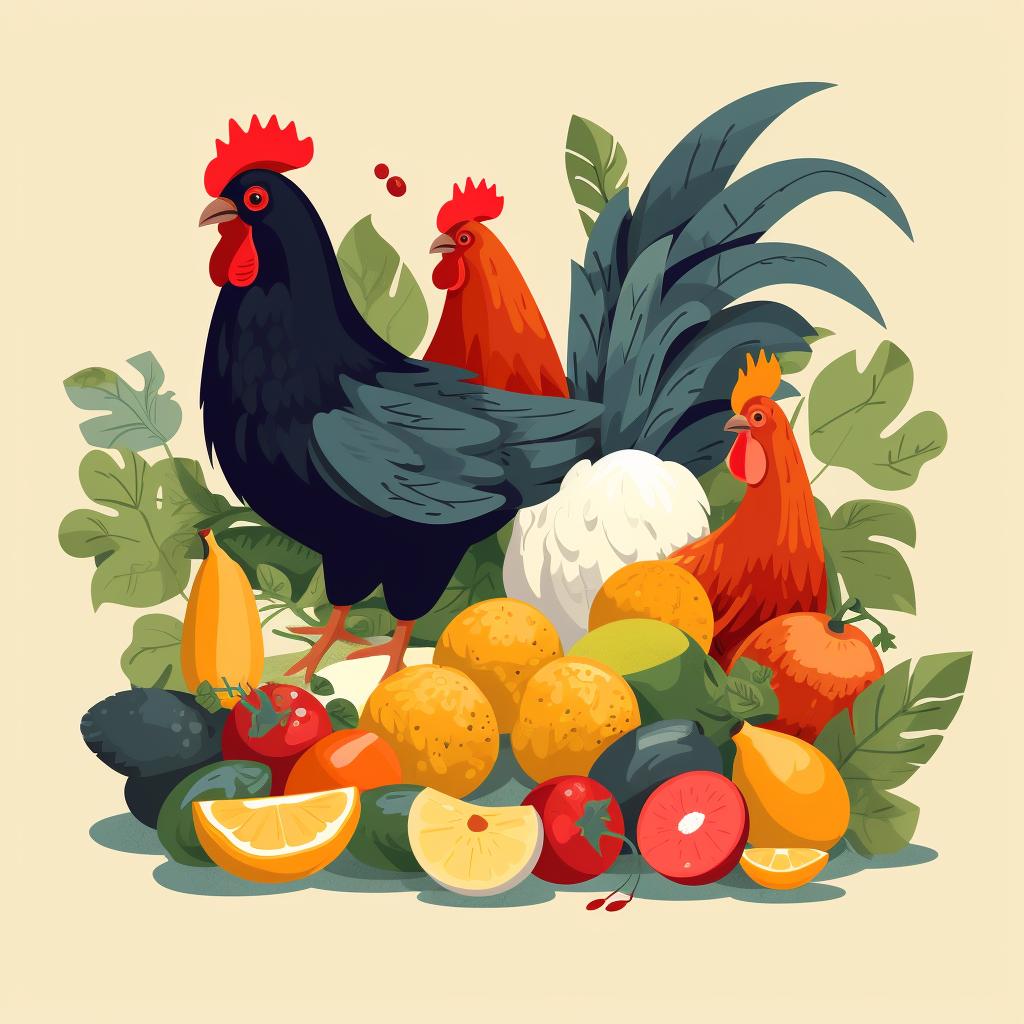 Chickens pecking at a variety of fruits and vegetables