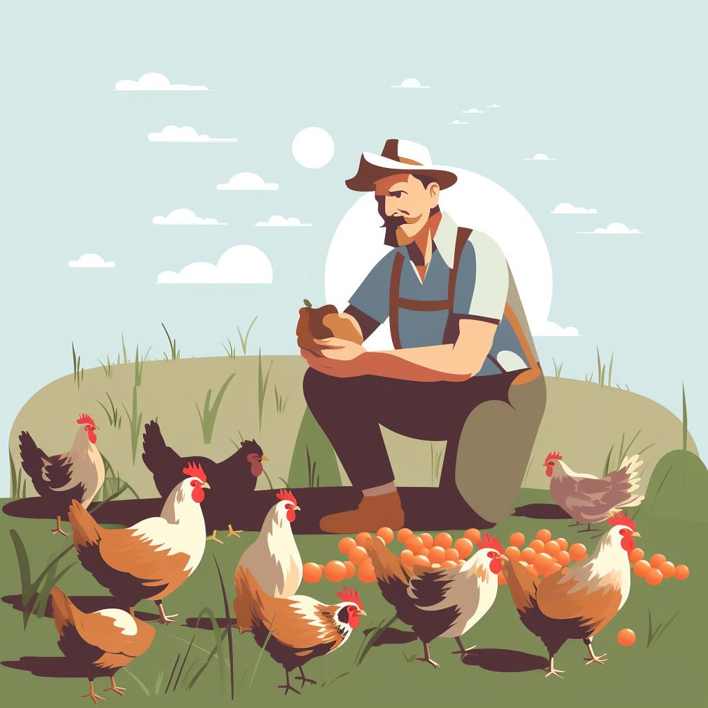 A farmer observing chickens while they eat