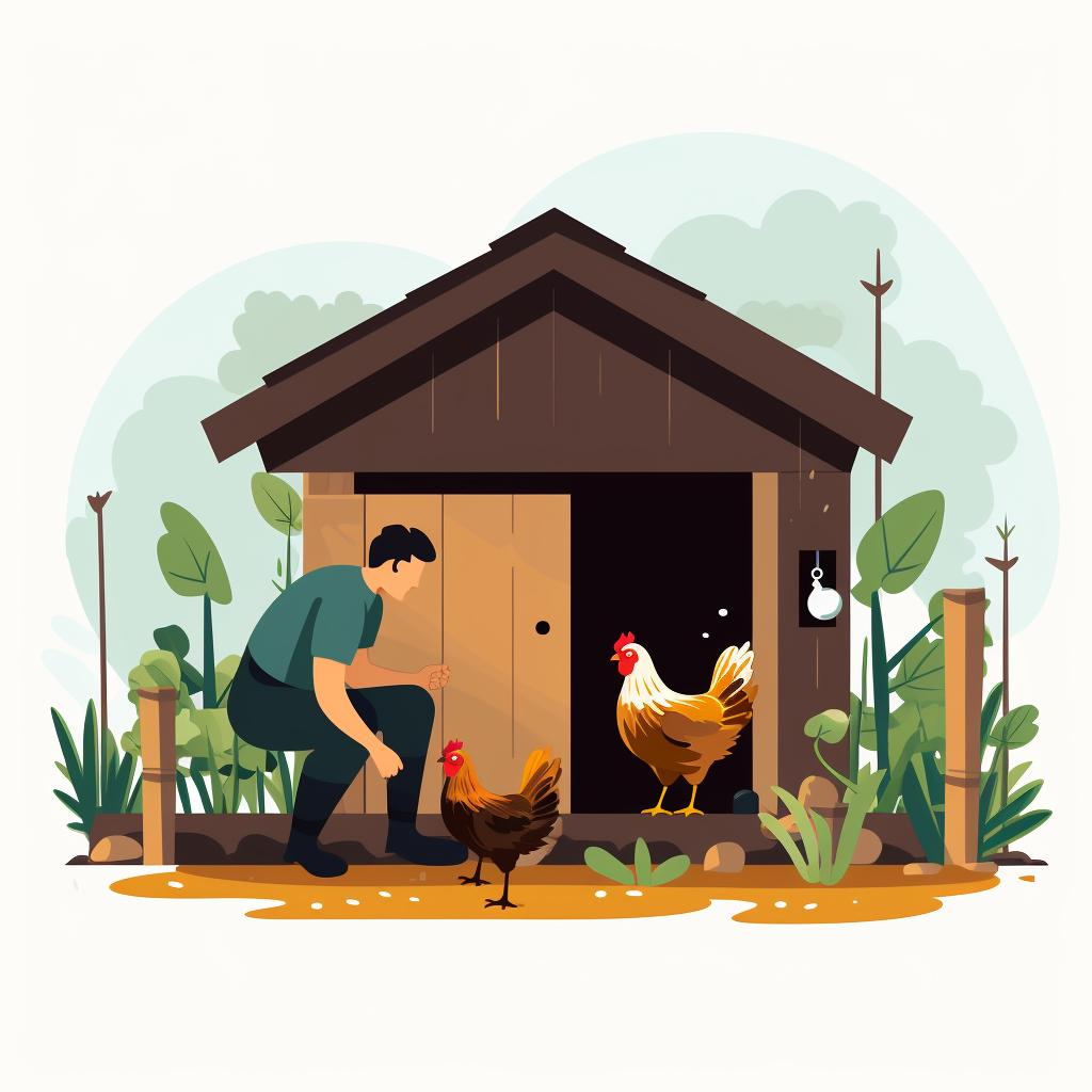 Person inspecting a chicken coop