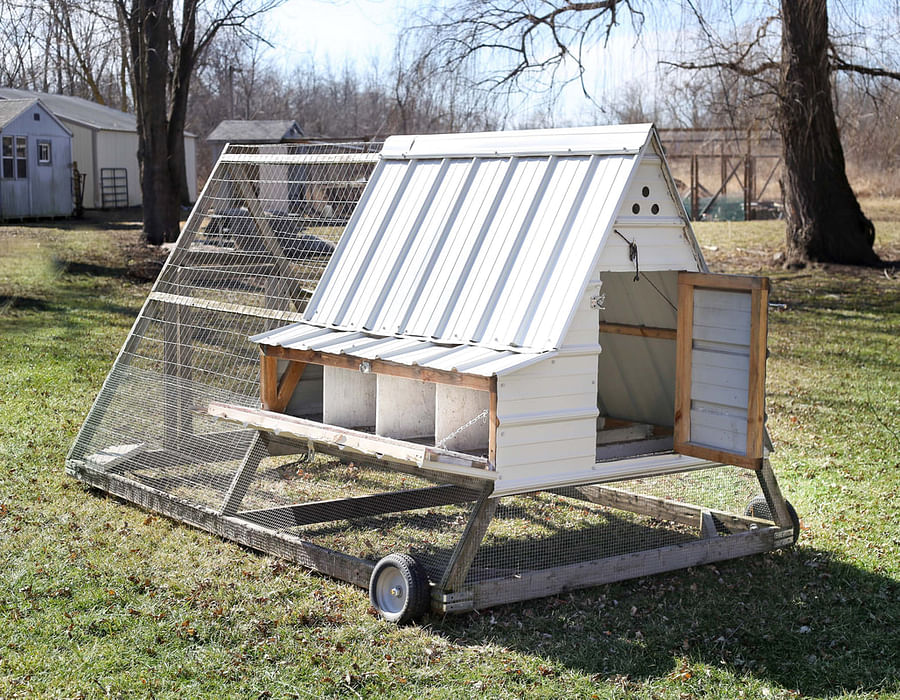 Small A-Frame chicken coop situated in a backyard